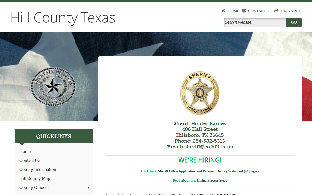 Hill County booking-record official source page