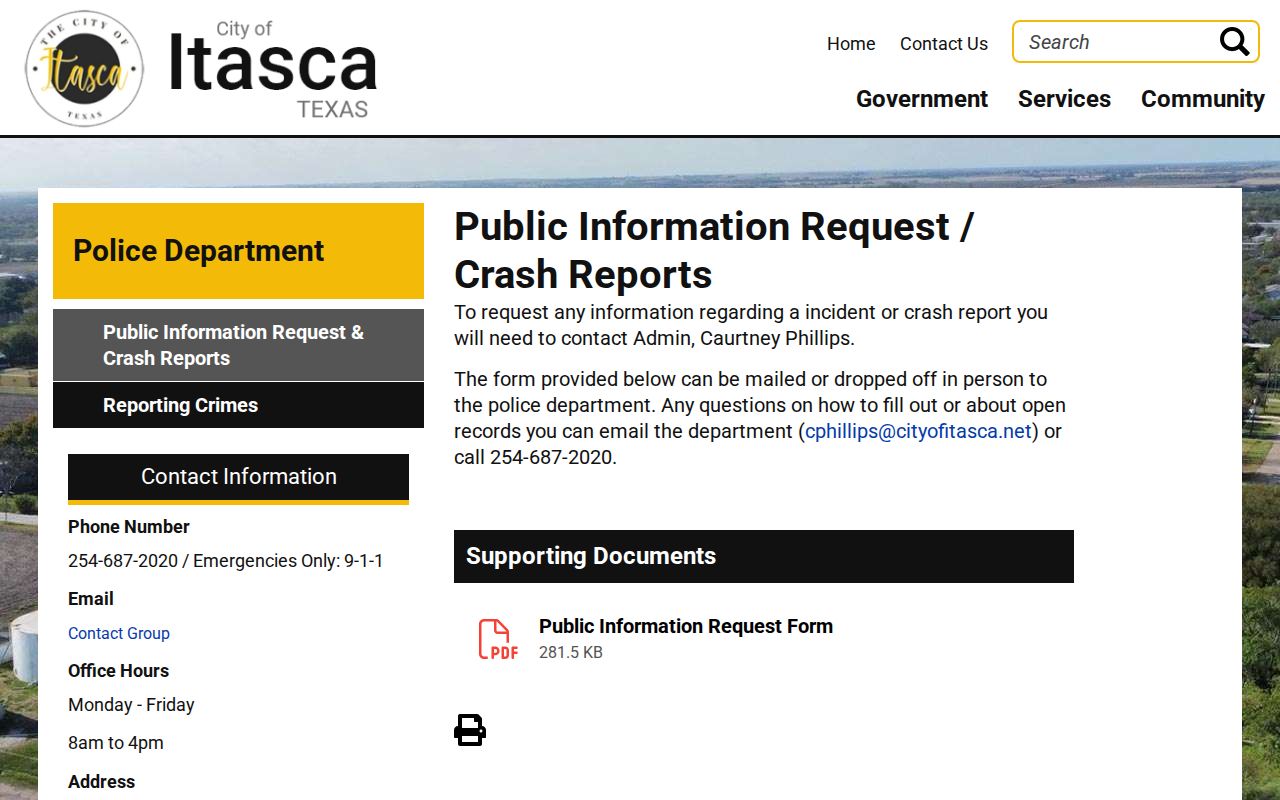 Itasca Police arrest-record request source for Hill County booking research