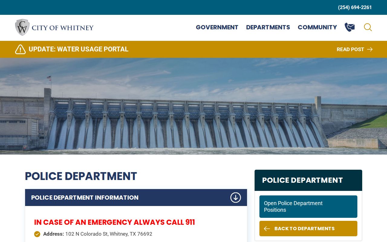 Whitney Police Department arrest-record source for Hill County custody research